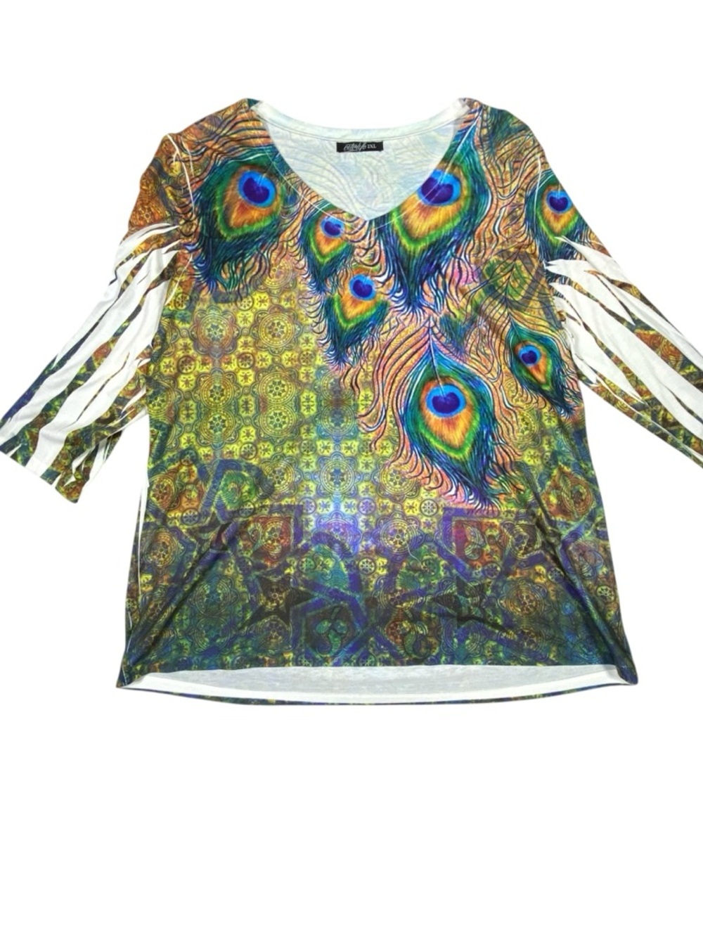 Citi Life Peacock Feather Mixed Tunic Top Women's 2XL Long Sleeve V-Neck Artsy